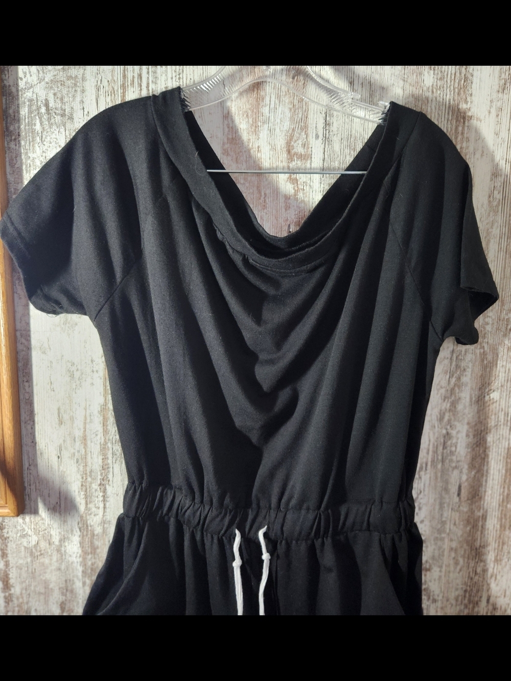 Black Short-Sleeve Cowl-Neck Jumpsuit with Drawstring Waist Size Large Soft